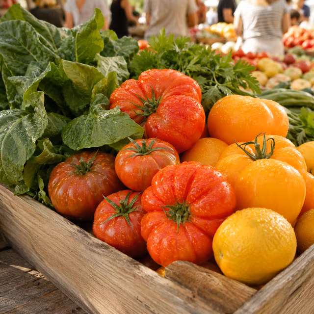 Heirloom tomatoes and leafy greens in a wooden crate.