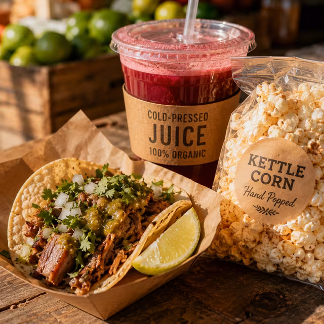 A taco, a cup of cold-pressed juice, and a bag of kettle corn.