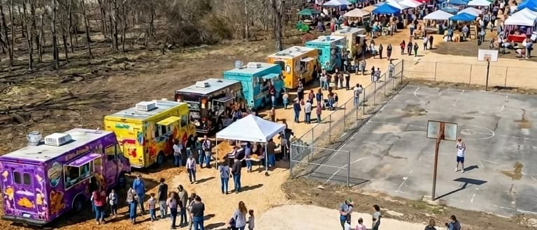 Aerial view of food trucks and crowds at Mines Market.