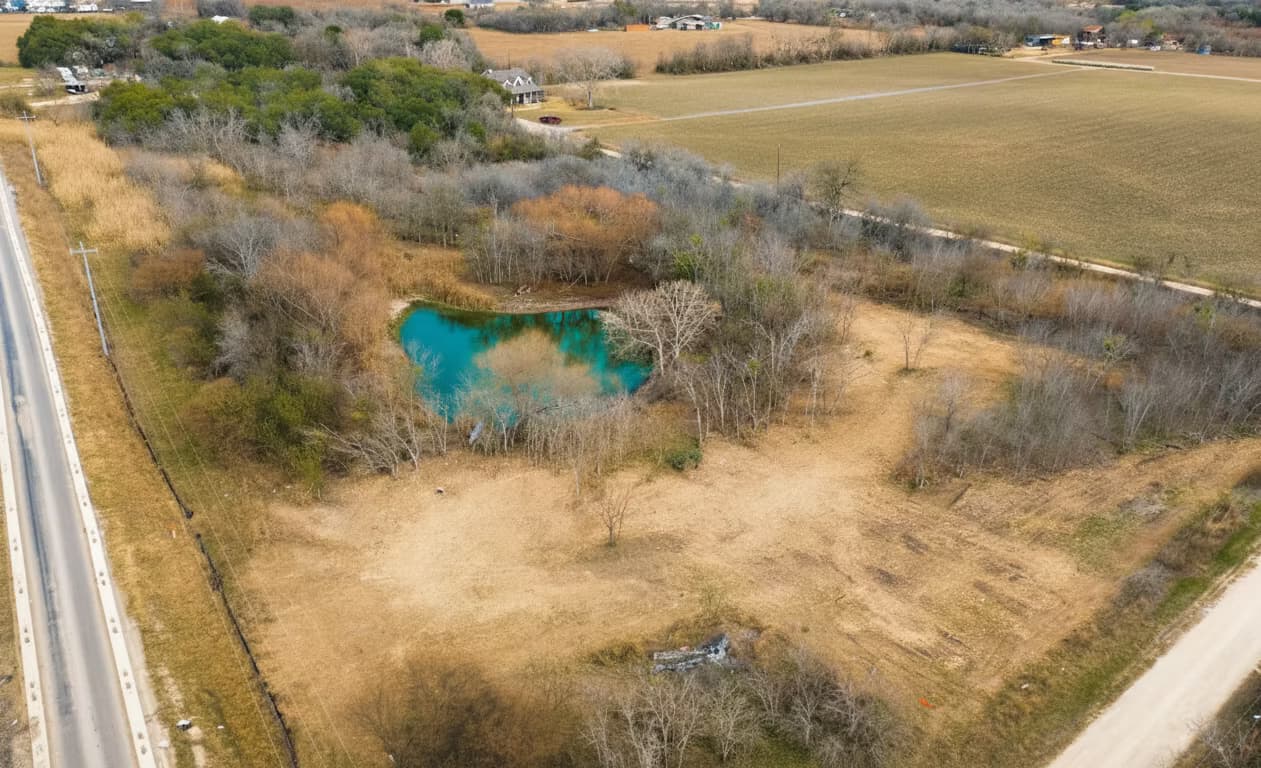 Aerial view of the market grounds beside the pond in Converse, Texas.